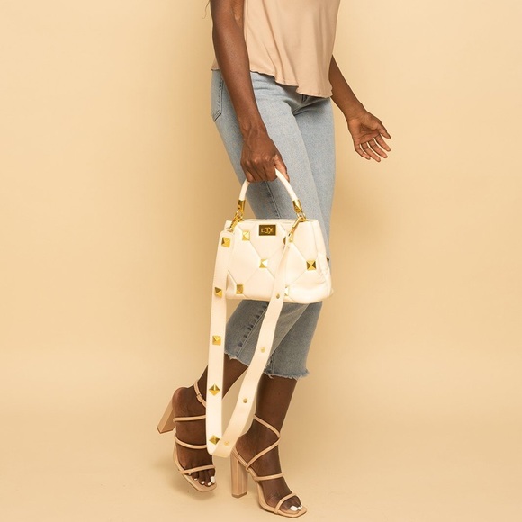 Beige Quilted Leather Gold Studded Top Handle Handbag with Studded Strap - Picture 5 of 5